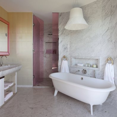 bathroom pink interior design carrara marble studio catoir